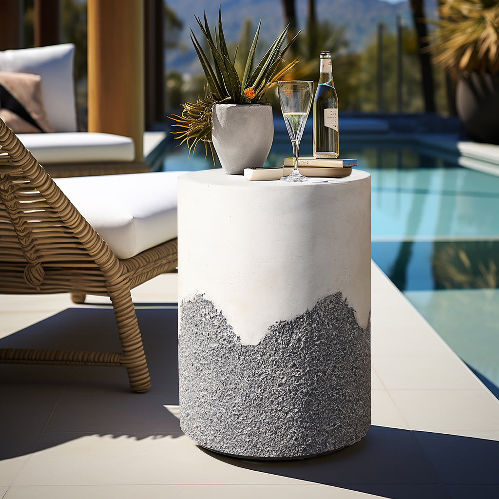 Gray and White Cement Round Outdoor Side Table