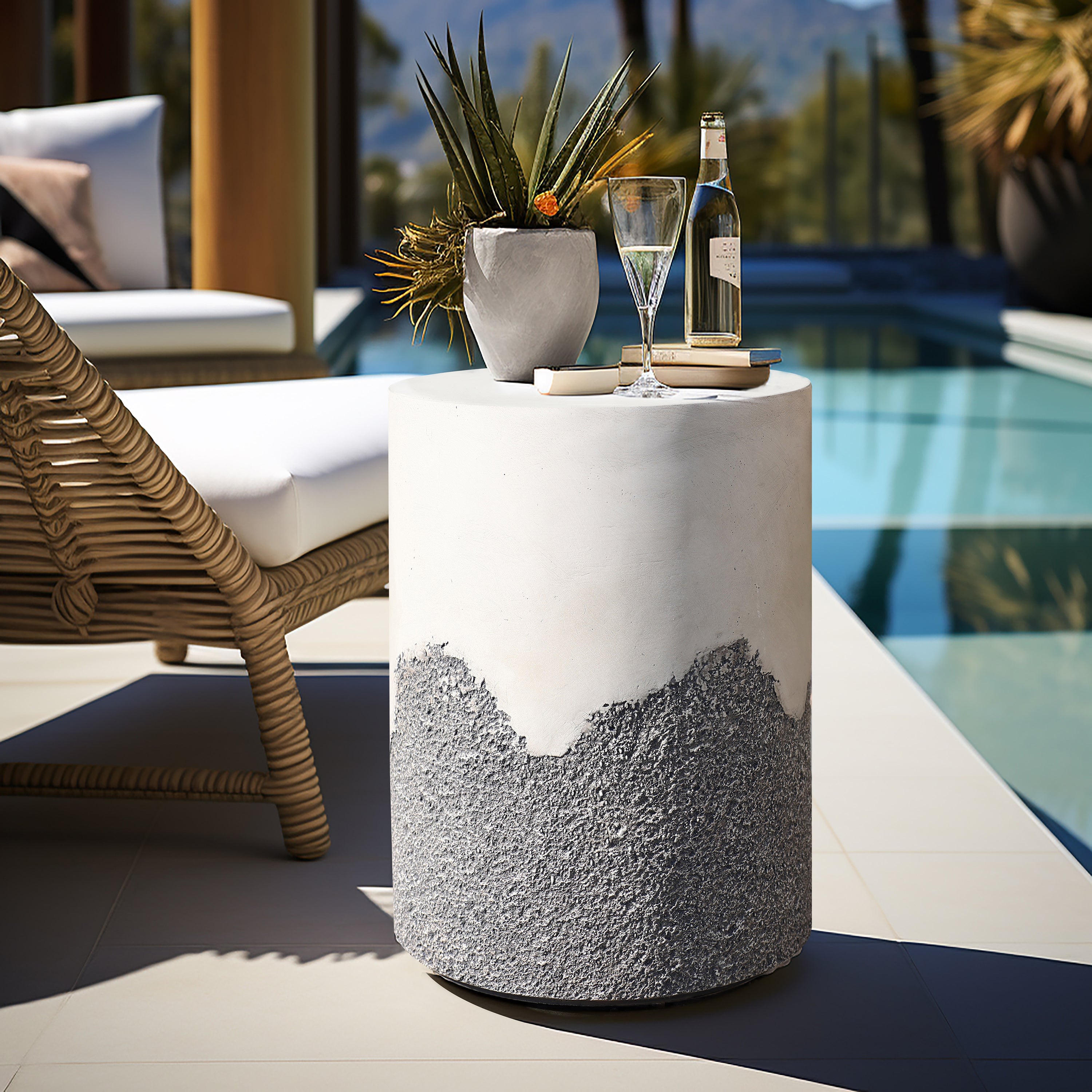 Gray and White Cement Round Outdoor Side Table