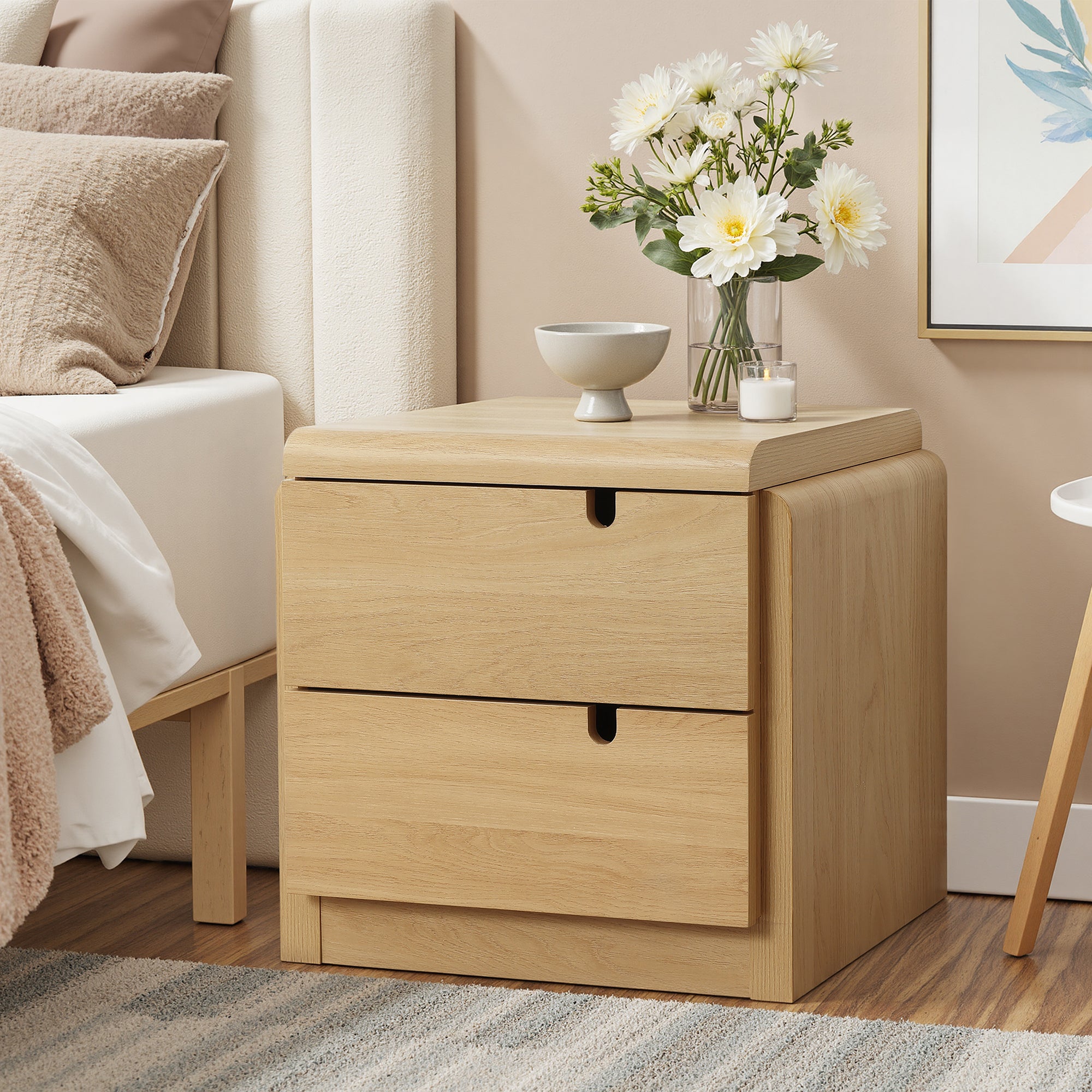 White Oak Mid-Century 2-Drawer Nightstand, 20.5'' Engineered Wood Accent Table