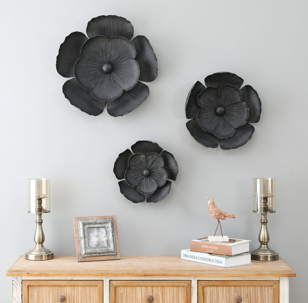 3-Piece Dark Gray with Gold Metal Flowers Wall Decor Set