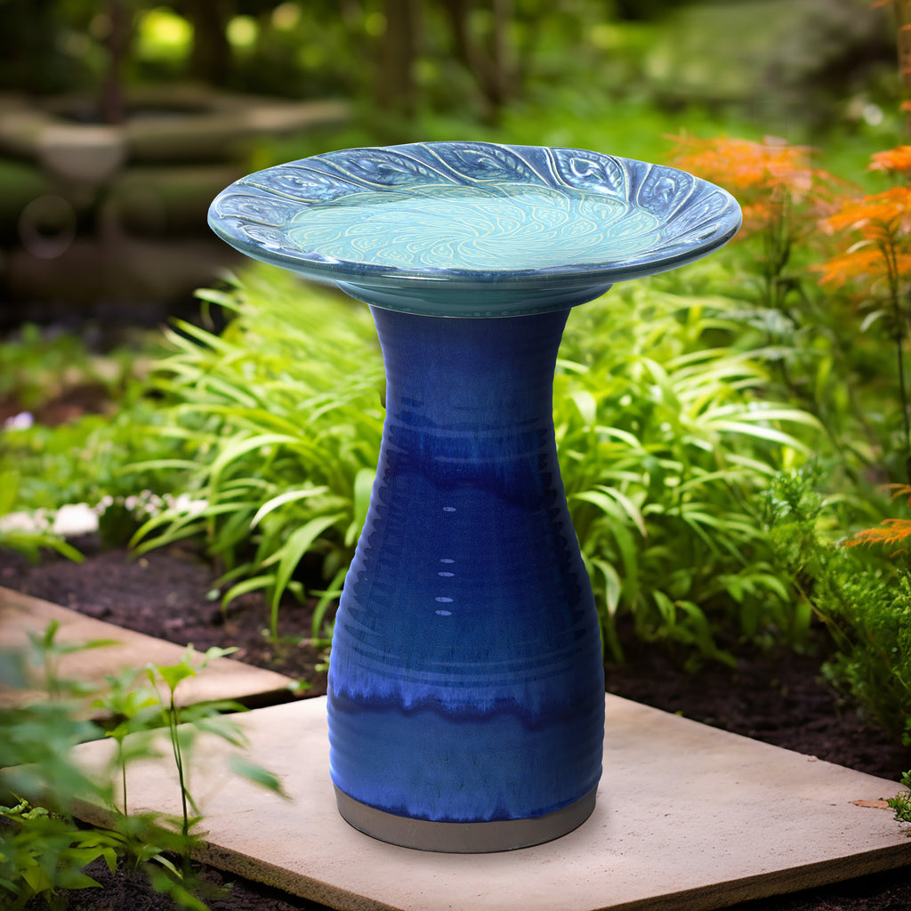 Blue Glazed Spiral Ceramic 20-In Tall Birdbath