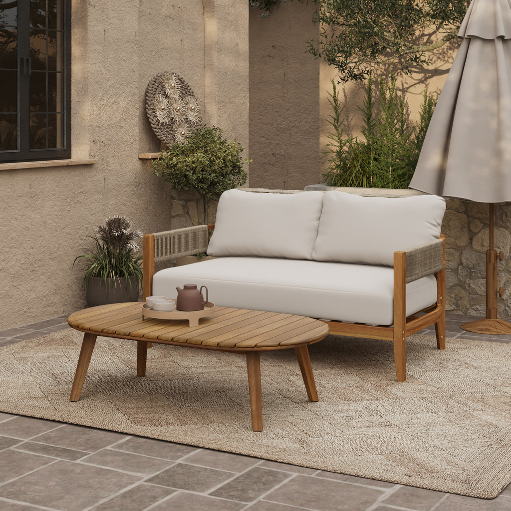 Outdoor Acacia Wood with Rope Sides Club Loveseat with Cushions and Coffee Table