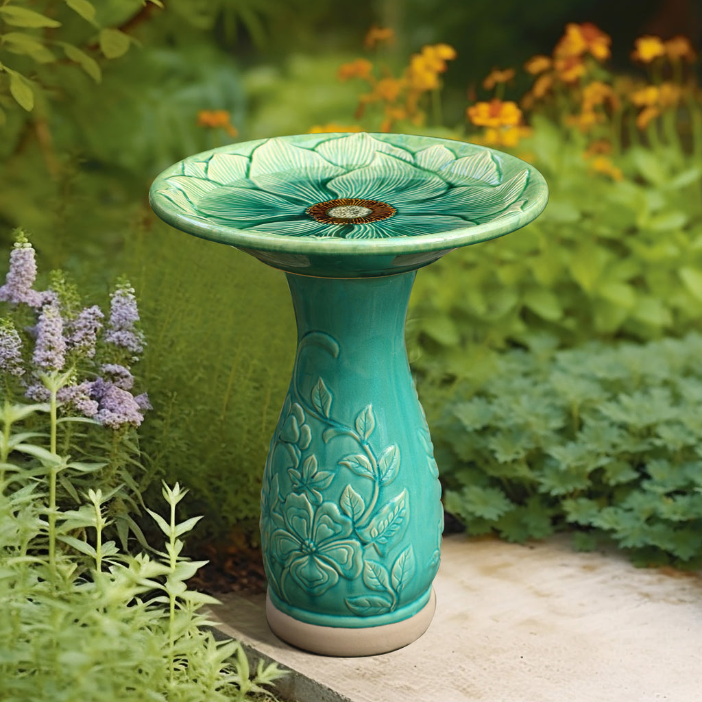 Aqua Glazed Flower Ceramic 22-In Tall Birdbath