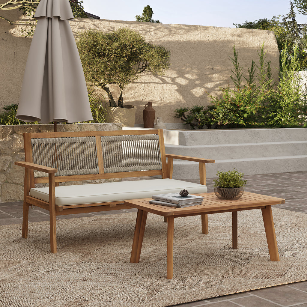 Outdoor Acacia Wood Rope Back Loveseat with Cushions and Coffee Table Set