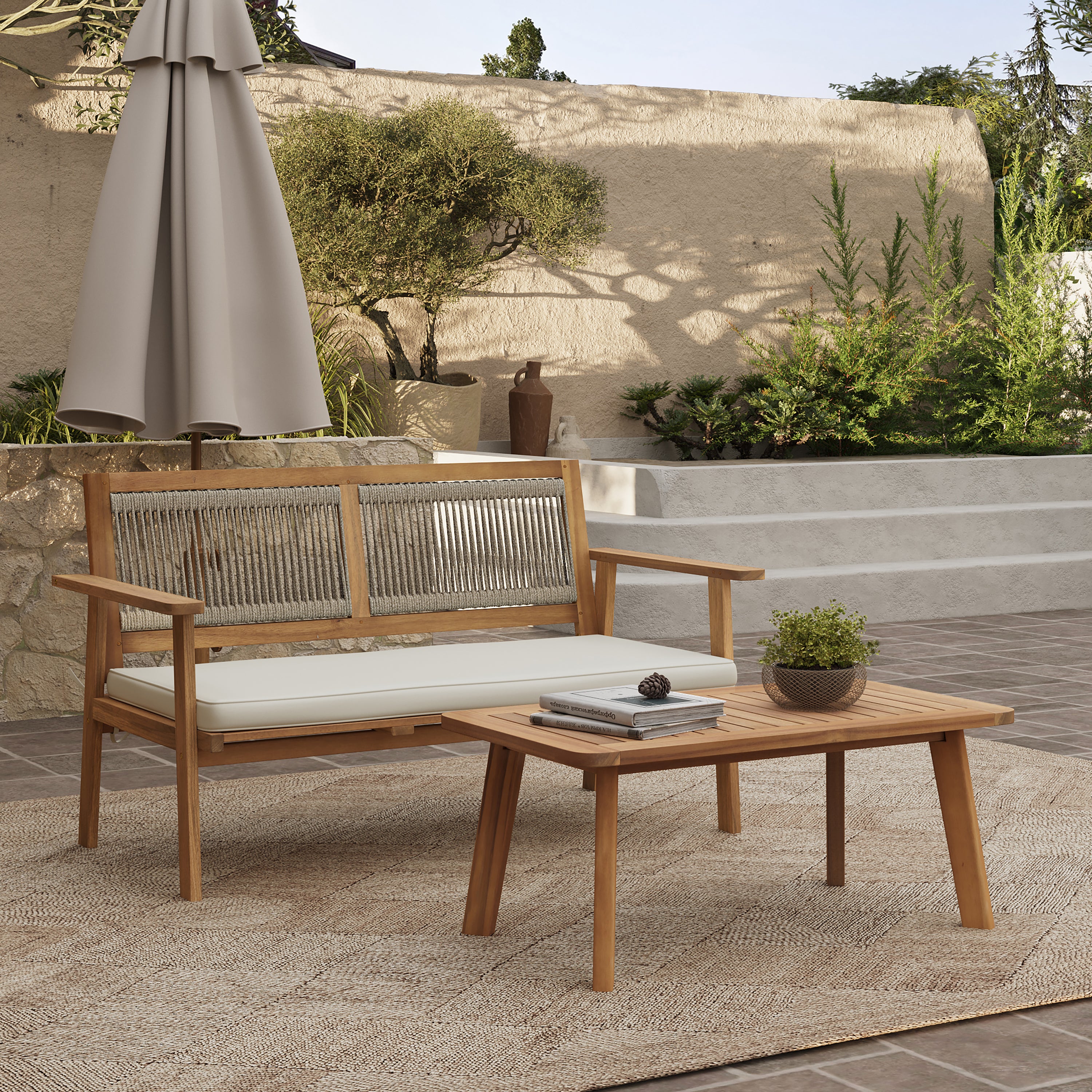 Outdoor Acacia Wood Rope Back Loveseat with Cushions and Coffee Table Set