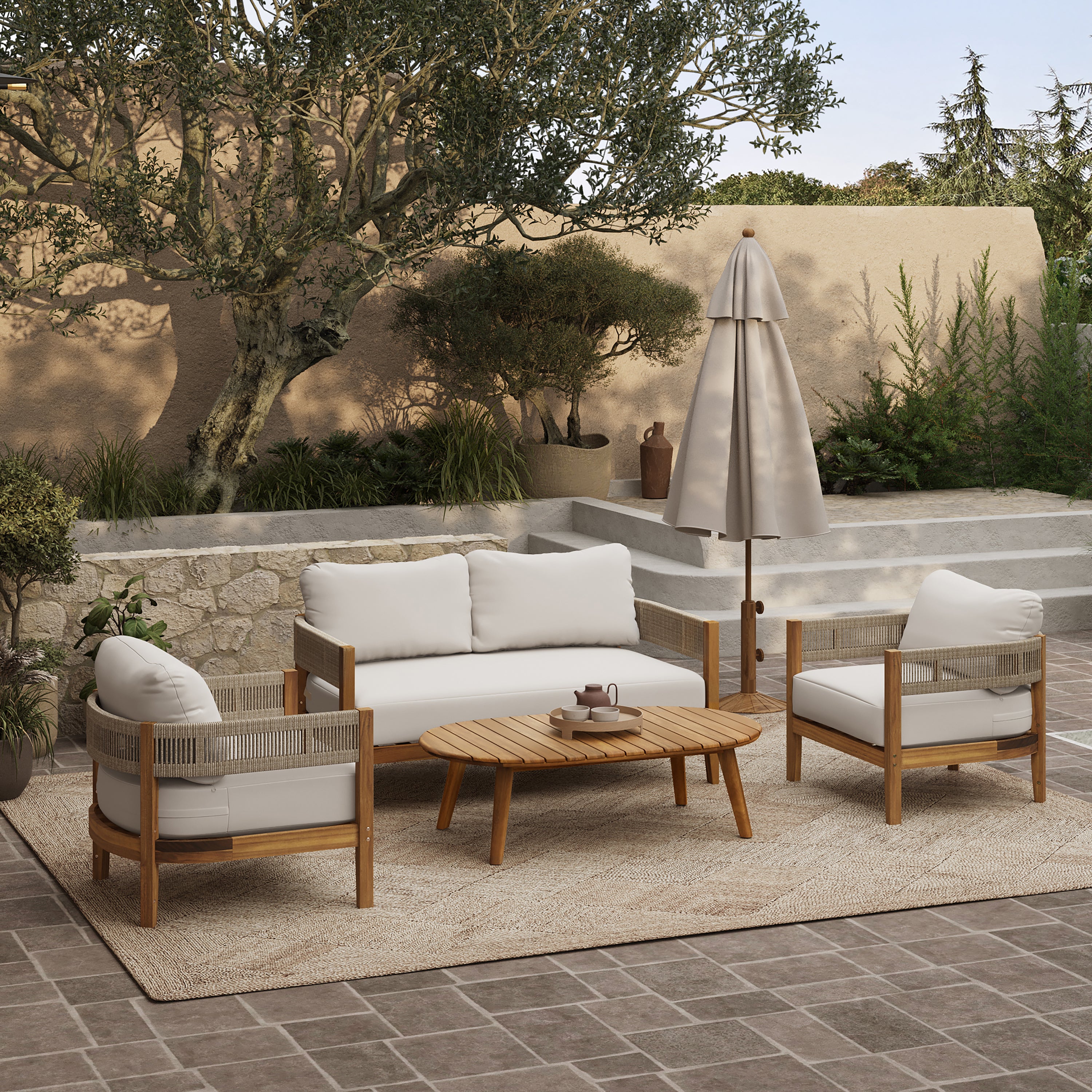 Outdoor Acacia Wood with Rope Sides Club Loveseat with Cushions and Coffee Table