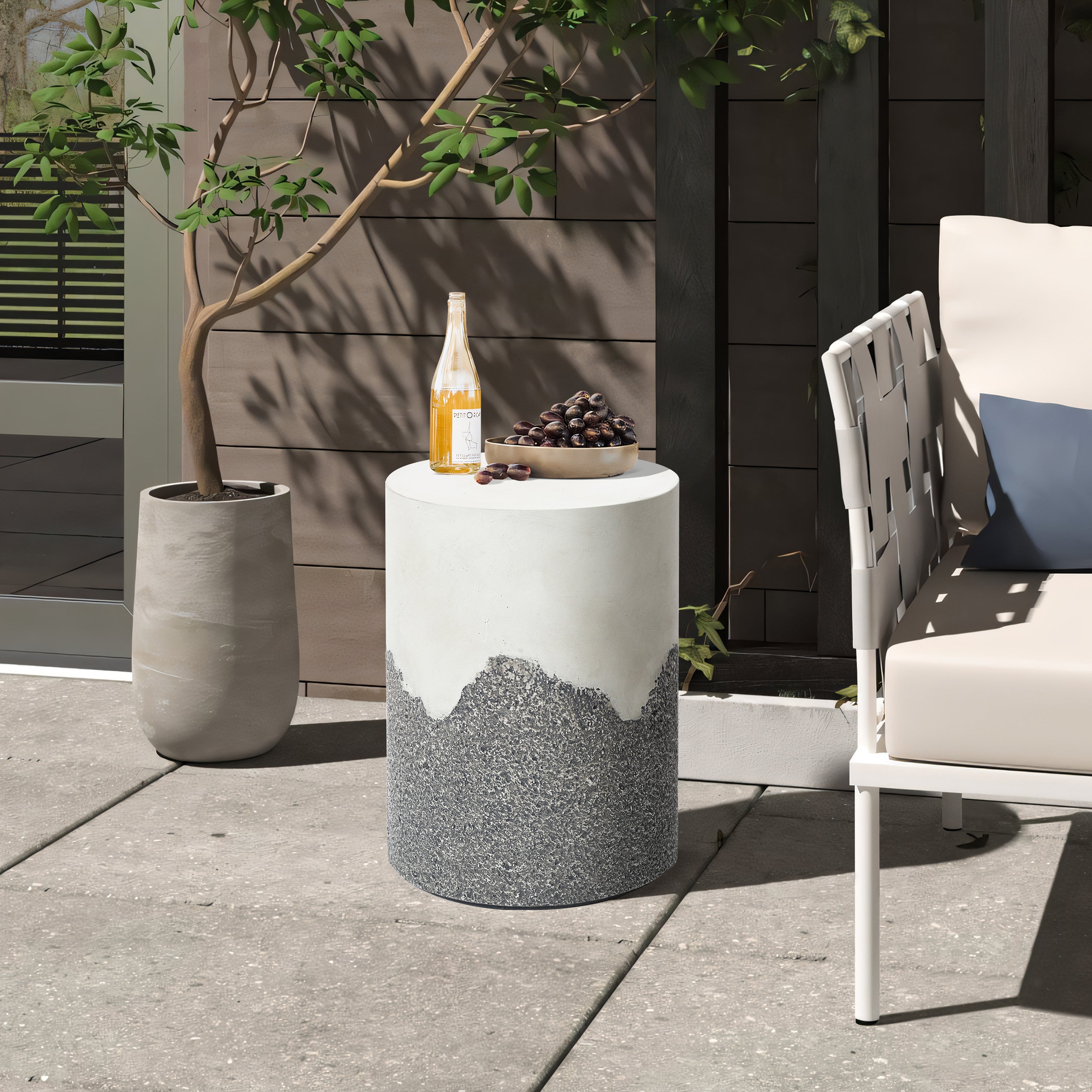 Gray and White Cement Round Outdoor Side Table