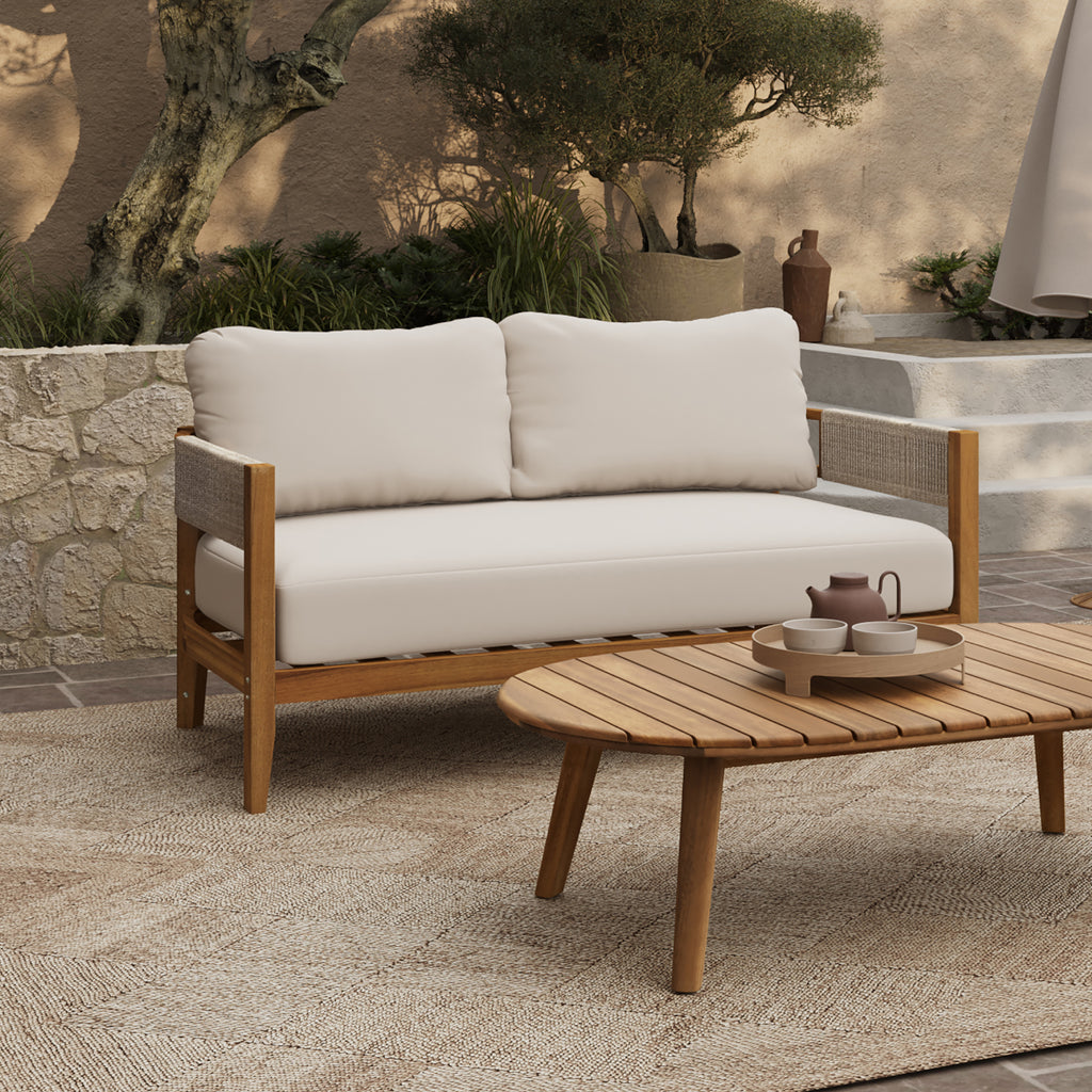 Outdoor Acacia Wood with Rope Sides Club Loveseat with Cushions and Coffee Table