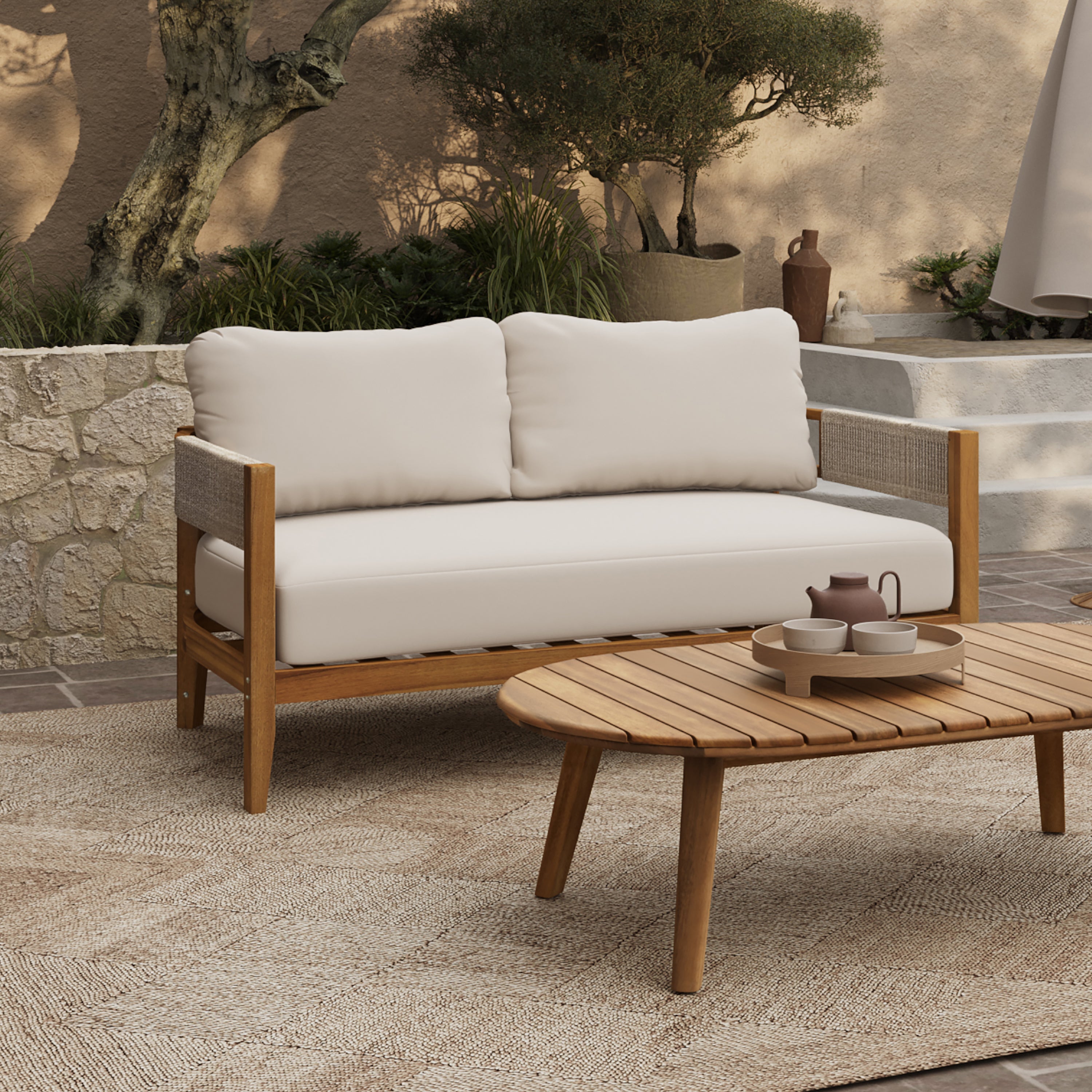 Outdoor Acacia Wood with Rope Sides Club Loveseat with Cushions and Coffee Table