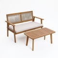 Outdoor Acacia Wood Rope Back Loveseat with Cushions and Coffee Table Set