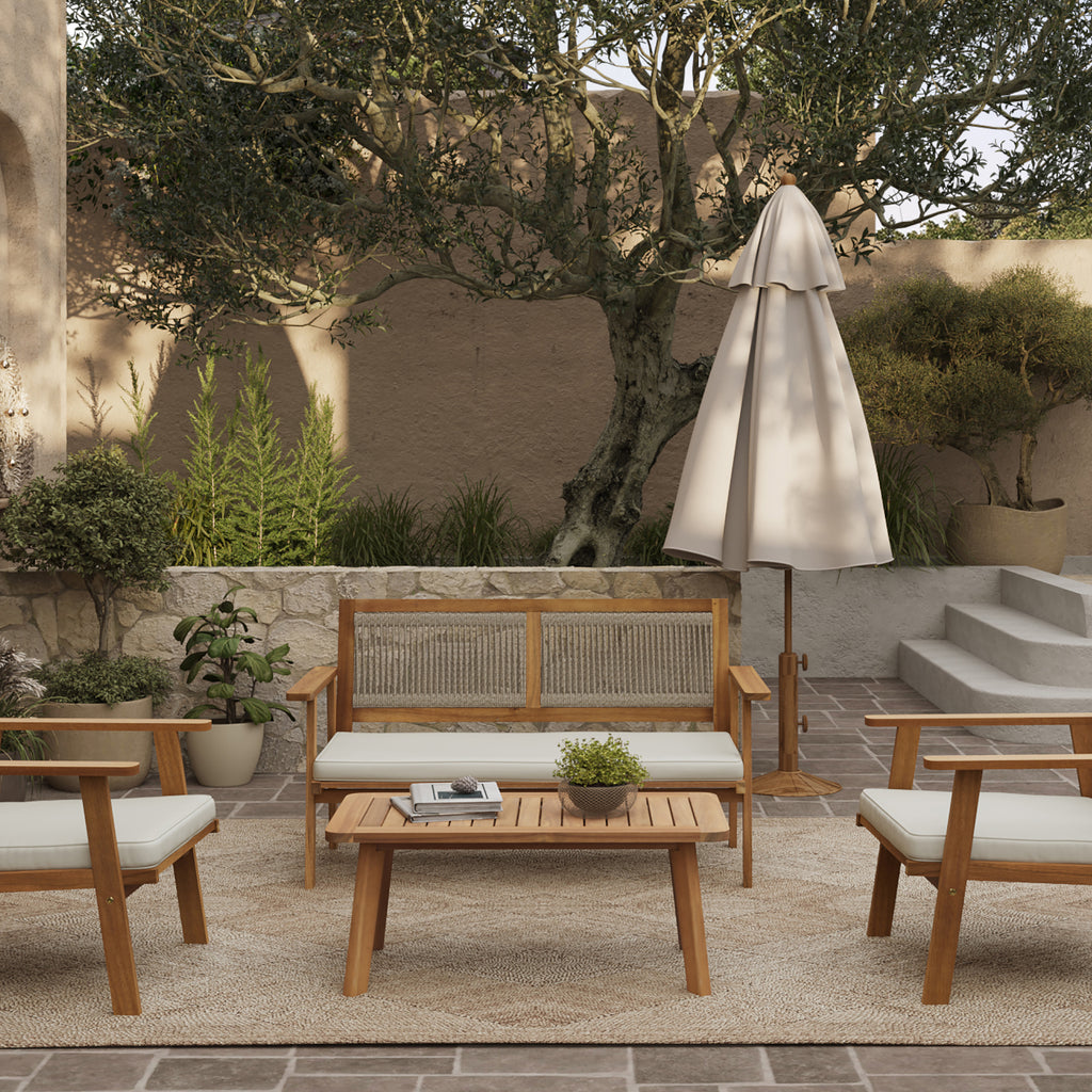 Outdoor Acacia Wood Rope Back Loveseat with Cushions and Coffee Table Set