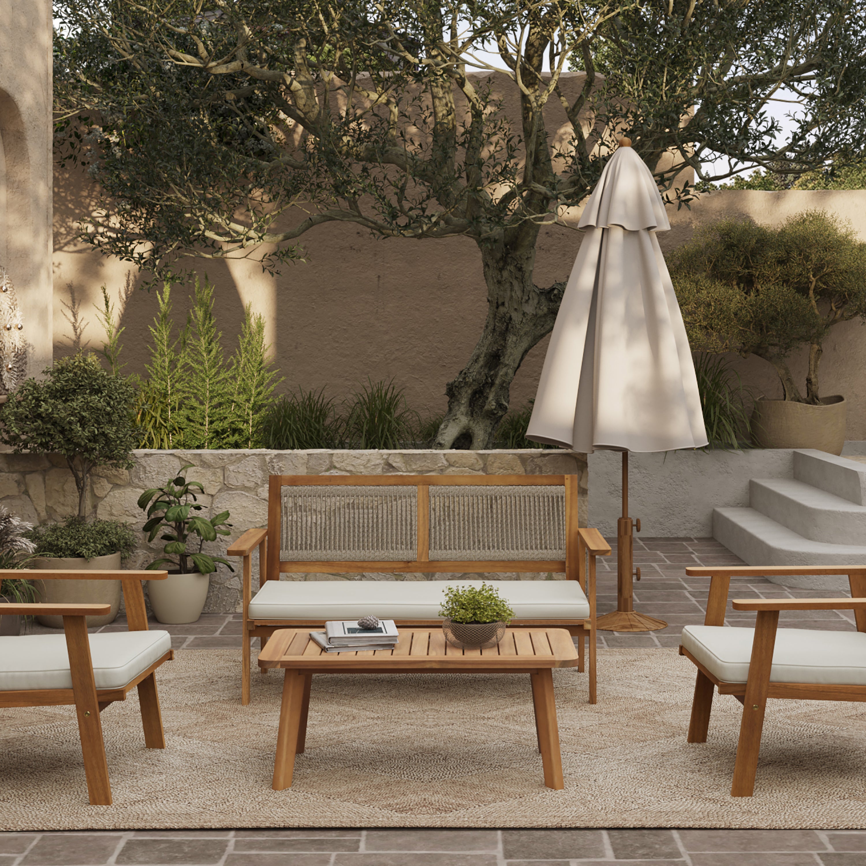 Outdoor Acacia Wood Rope Back Loveseat with Cushions and Coffee Table Set