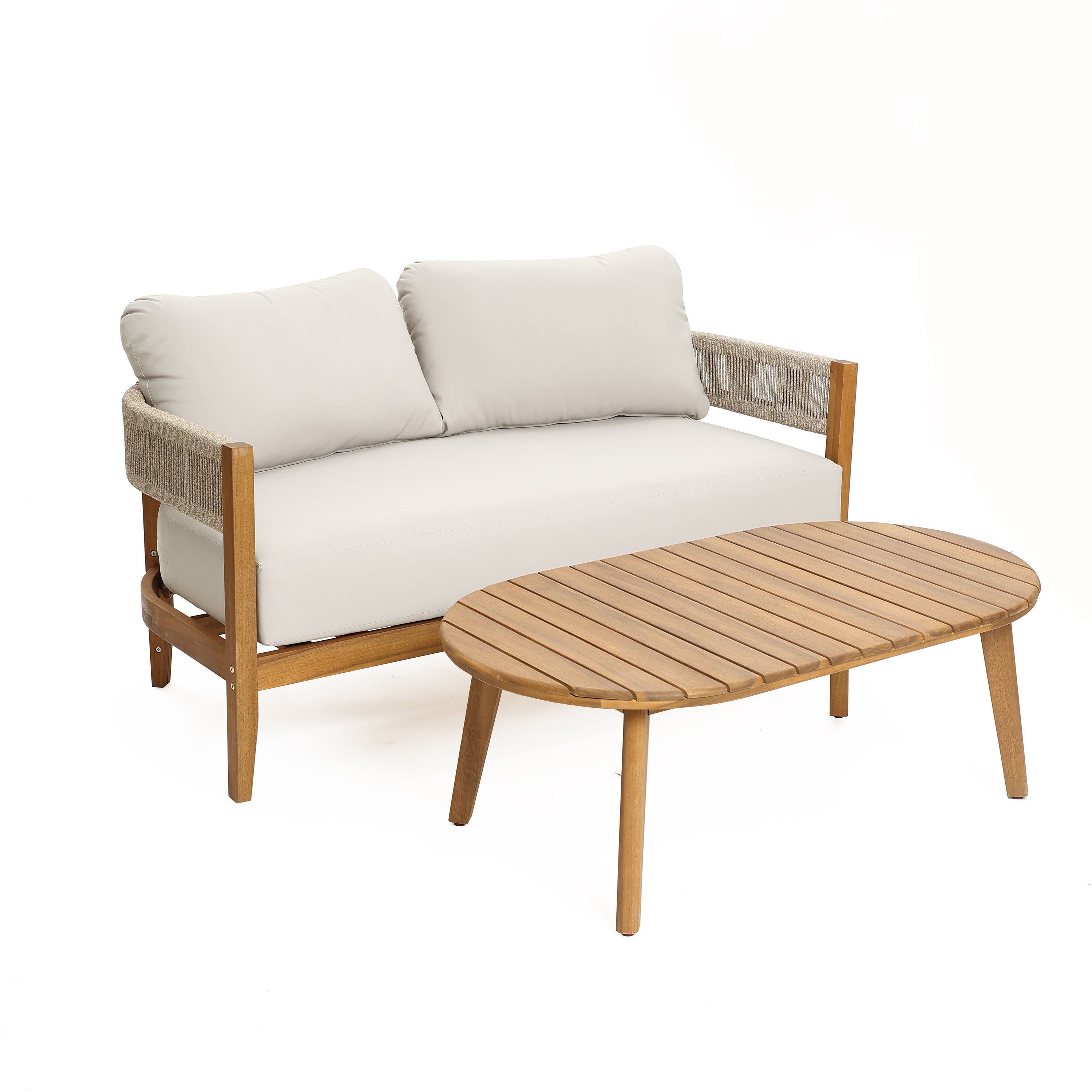 Outdoor Acacia Wood with Rope Sides Club Loveseat with Cushions and Coffee Table