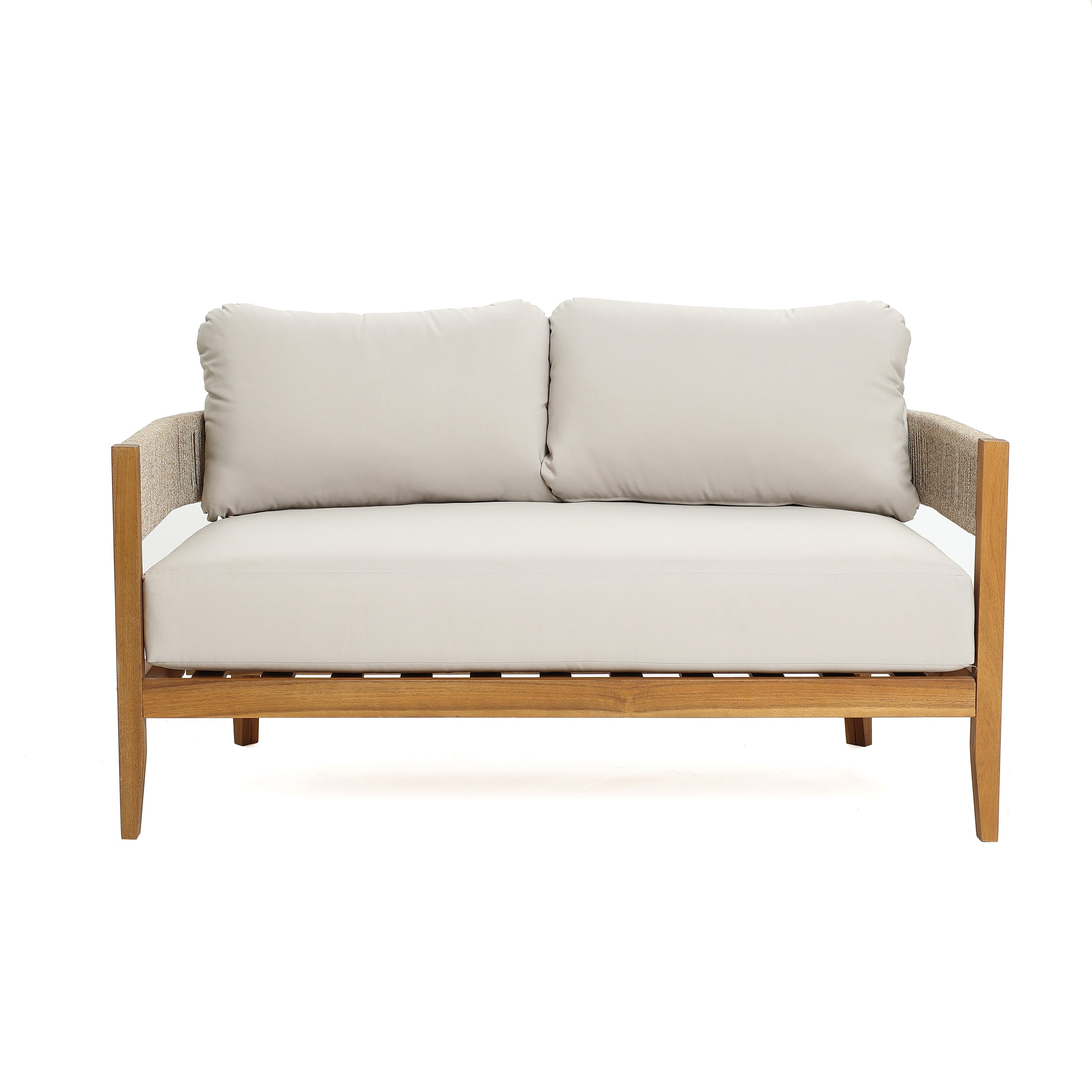 Outdoor Acacia Wood with Rope Sides Club Loveseat with Cushions and Coffee Table