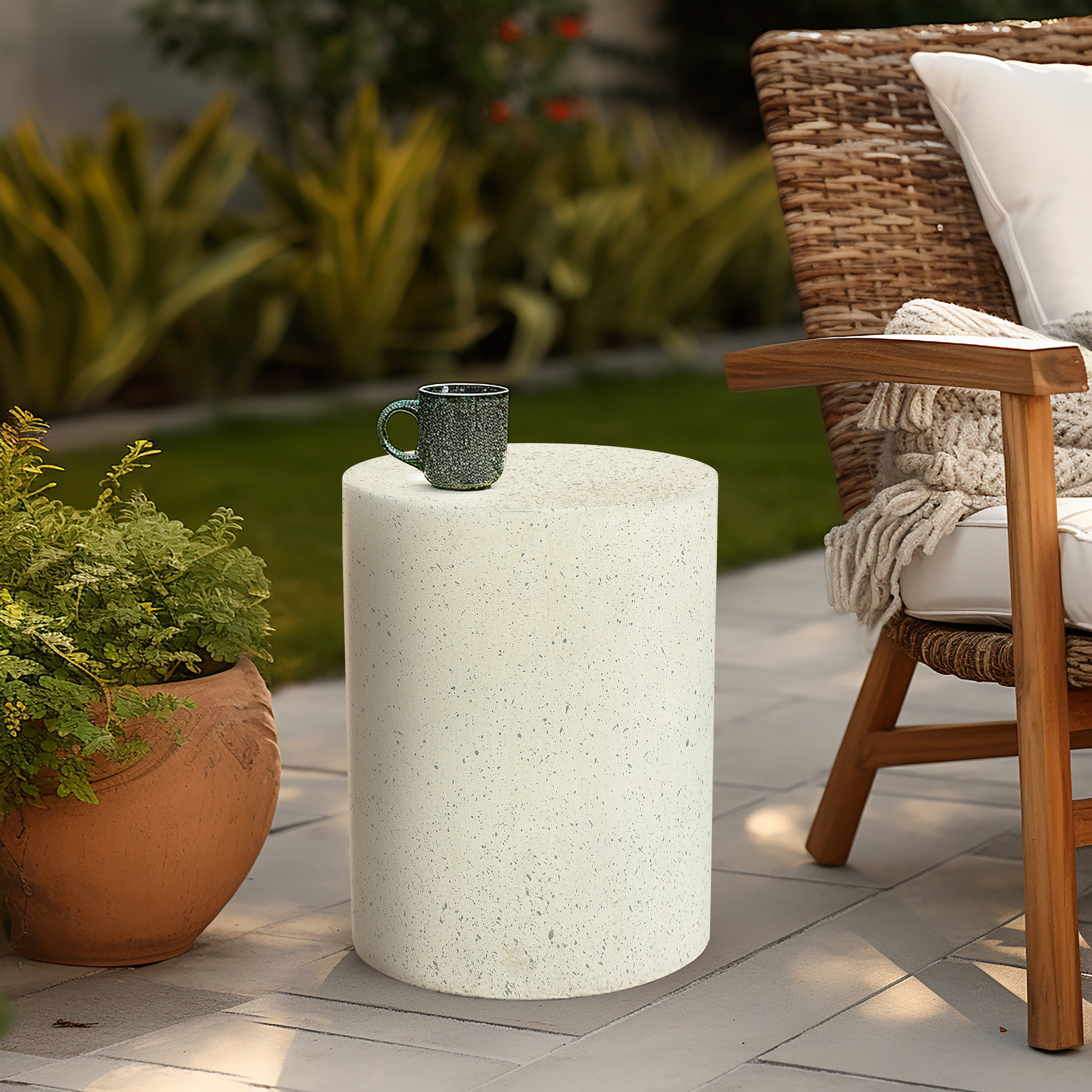 Off White with Speckled Gray Cement Round Indoor Outdoor Side and End Table