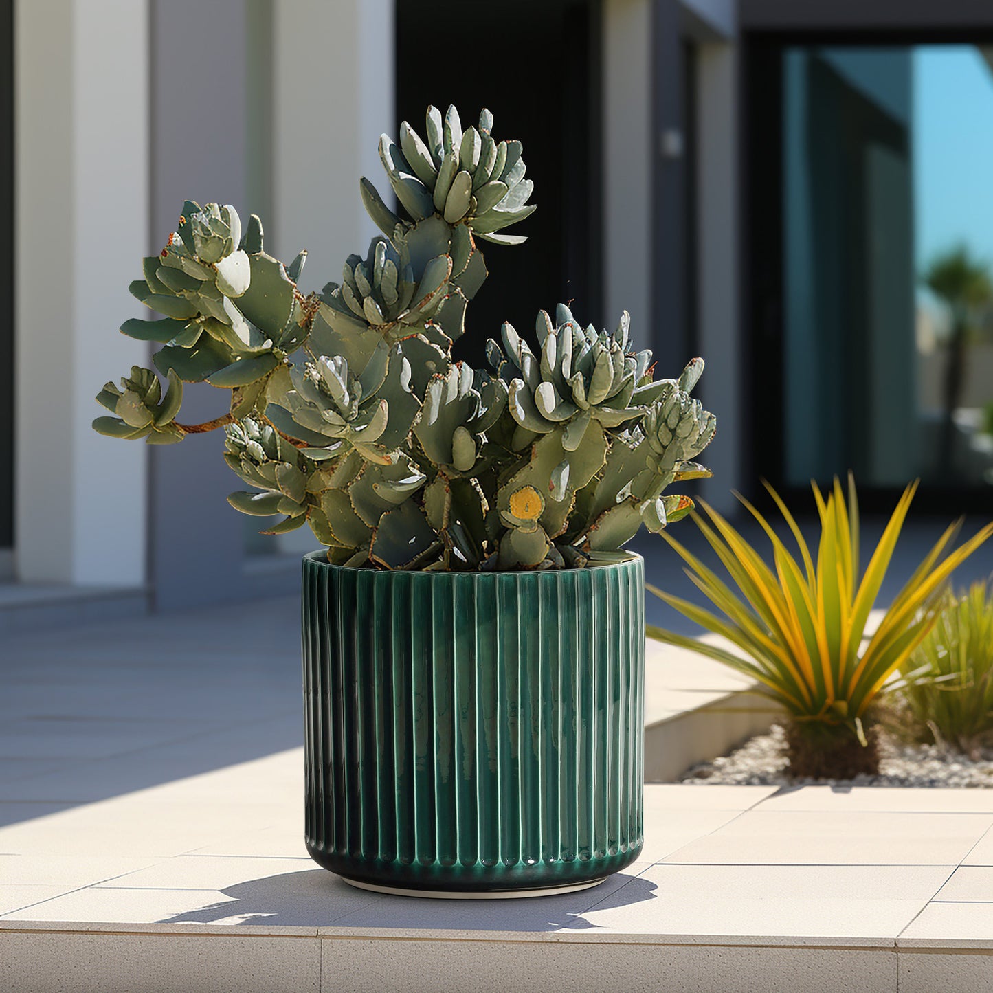 Grove Round Fluted Ceramic Planter, Jade Green, 14"
