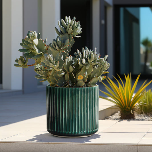 Grove Round Fluted Ceramic Planter, Jade Green, 14"