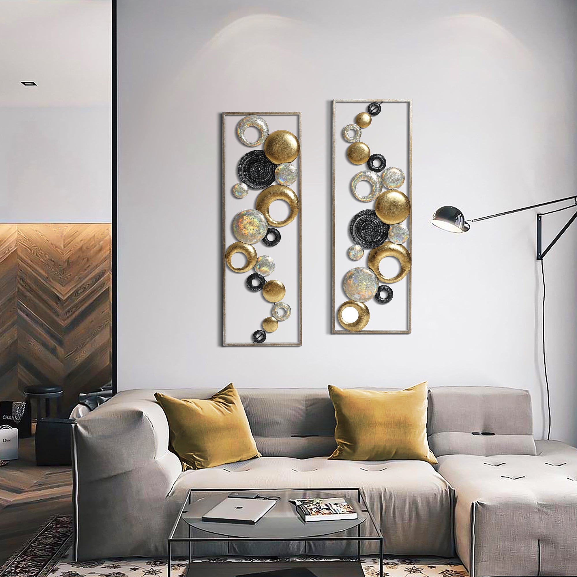 Modern Abstract Iron Wall Art – Geometric Metal Panels with Dynamic Circular Elements