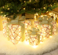 Set of 3 Lighted Christmas Gift Boxes Decor, Pre-Lit Warm White LED Present Boxes with Gold Bows, Tinsel & Red Lattice, Christmas Yard Decor for Indoor Outdoor Home, Party, Mantel, Under Tree