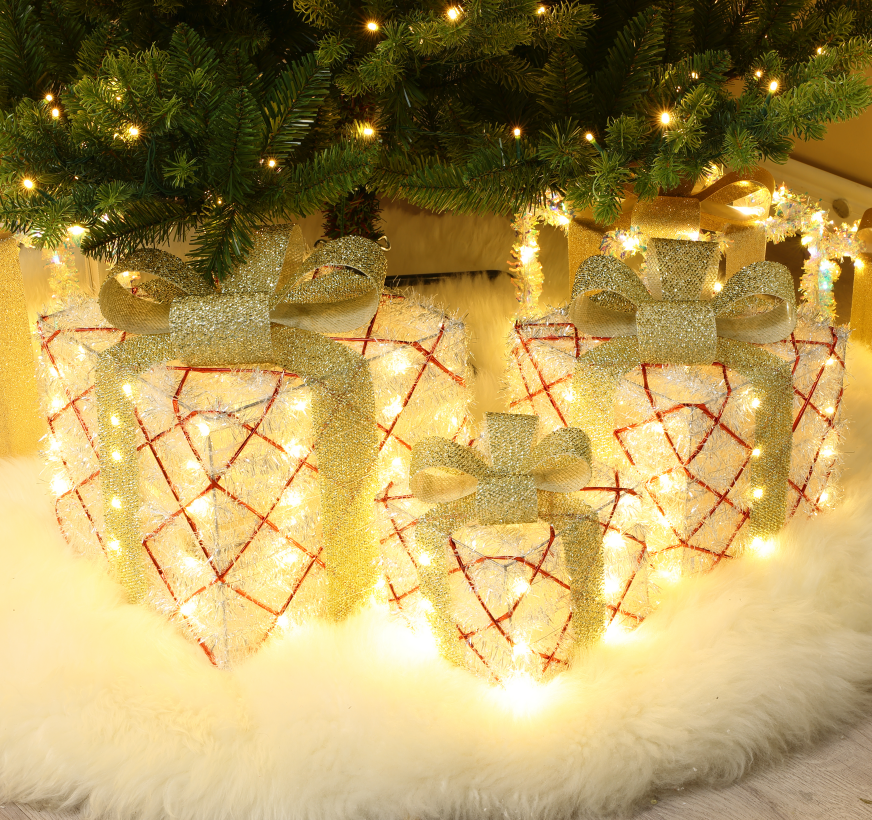 Set of 3 Lighted Christmas Gift Boxes Decor, Pre-Lit Warm White LED Present Boxes with Gold Bows, Tinsel & Red Lattice, Christmas Yard Decor for Indoor Outdoor Home, Party, Mantel, Under Tree
