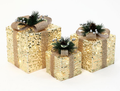 Set of 3 Lighted Christmas Gift Boxes Decor, Pre-Lit Warm White LED Present Boxes with Gold Sequins, Pinecones & Bows, Christmas Yard Decor for Indoor Outdoor Home, Party, Mantel, Under Tree