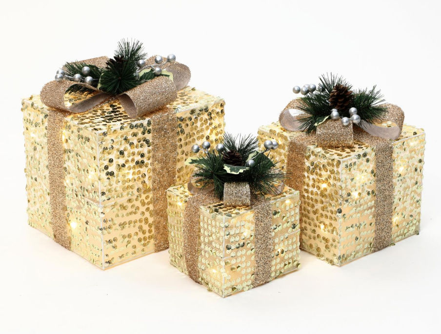 Set of 3 Lighted Christmas Gift Boxes Decor, Pre-Lit Warm White LED Present Boxes with Gold Sequins, Pinecones & Bows, Christmas Yard Decor for Indoor Outdoor Home, Party, Mantel, Under Tree