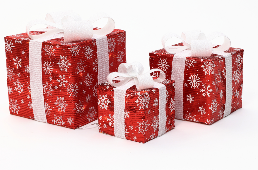 Set of 3 Lighted Christmas Gift Boxes Decor, Pre-Lit Warm White LED Present Boxes with Red & White Snowflake Pattern, Christmas Tree Yard Decor for Indoor Outdoor Home, Party, Mantel