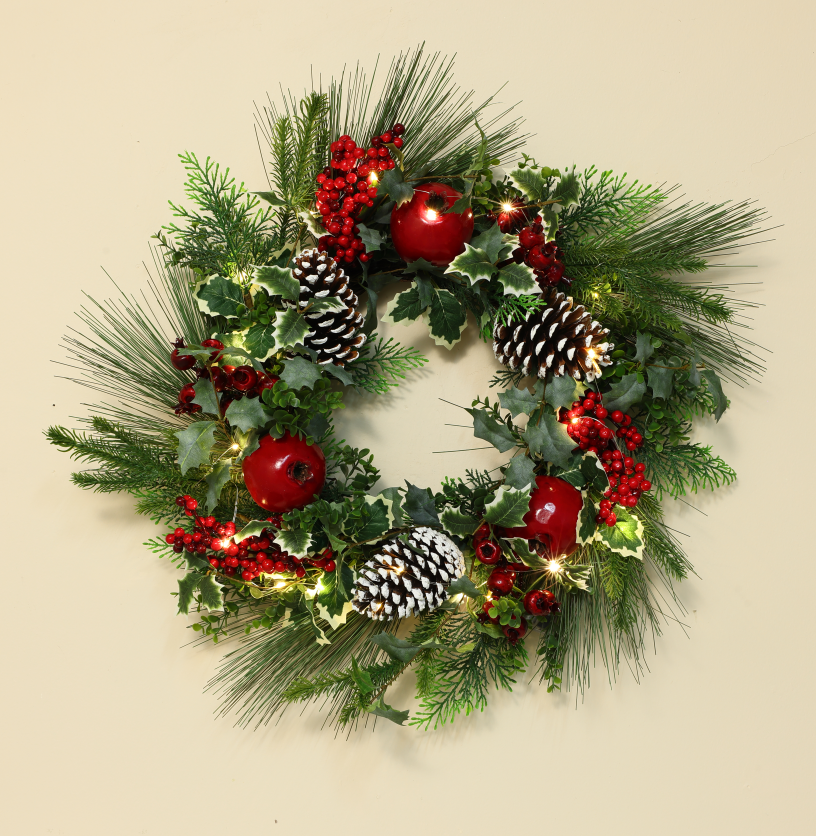 Pre-lit Pomegranate Christmas Wreath with Lights, Artificial Evergreen Wreath with Pinecones, Red Berries & Holly Leaves, Festive Front Door Wall Decor for Winter Holiday, Home, Party