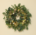 Pre-lit Eucalyptus Christmas Wreath with Lights, Artificial Greenery Wreath with Gold Ornaments, Berries & Stars, Modern Front Door Wall Decor for Winter Holiday, Home, Party