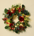 Pre-lit Hydrangea Christmas Wreath with Lights, Artificial Eucalyptus & Pine Wreath with Red Berries, Festive Front Door Wall Decor for Winter Holiday, Home, Party