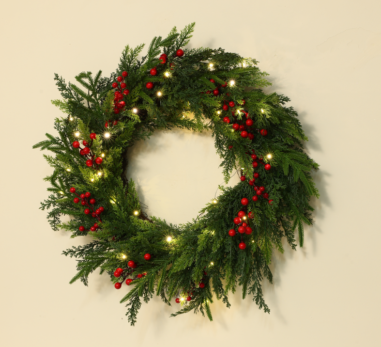 Pre-lit Cedar Christmas Wreath with Lights, Artificial Evergreen Wreath with Red Berries, Classic Front Door Wall Decor for Winter Holiday, Home, Party