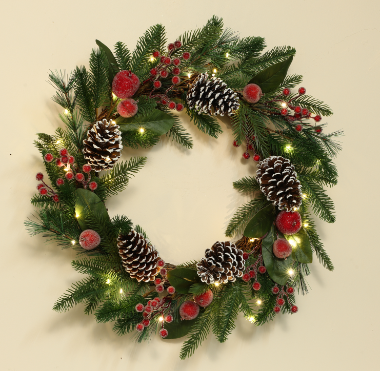 Pre-lit Frosted Pine Christmas Wreath with Lights, Artificial Evergreen Wreath with Pinecones, Frosted Berries & Apples, Rustic Front Door Wall Decor for Winter Holiday, Home, Party