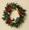 Pre-lit Pine Christmas Wreath with Lights, Artificial Evergreen Wreath with Pinecones, Red & White Berries & Cinnamon Sticks, Rustic Front Door Wall Decor for Winter Holiday, Home, Party