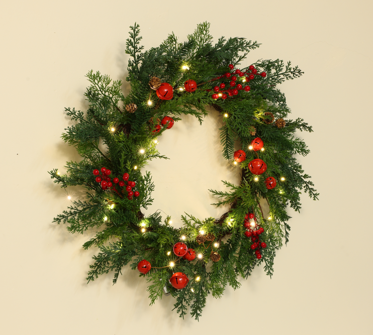 Pre-lit Cedar Christmas Wreath with Lights, Artificial Evergreen Wreath with Red Bells, Berries & Pinecones, Festive Front Door Wall Decor for Winter Holiday, Home, Party