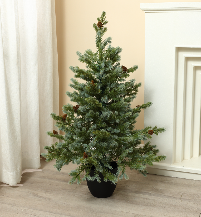 Artificial Potted Blue Spruce Christmas Tree with Pinecones, Unlit Realistic Evergreen Tree for Indoor Home Decor, Living Room, Entryway, Holiday & Year-Round Greenery