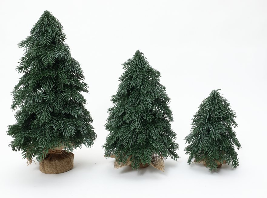 Set of 3 Mini Artificial Cedar Pine Trees with Burlap Bases, Unlit Small Tabletop Christmas Trees for Desk, Mantel, Shelf, Holiday Home Decor