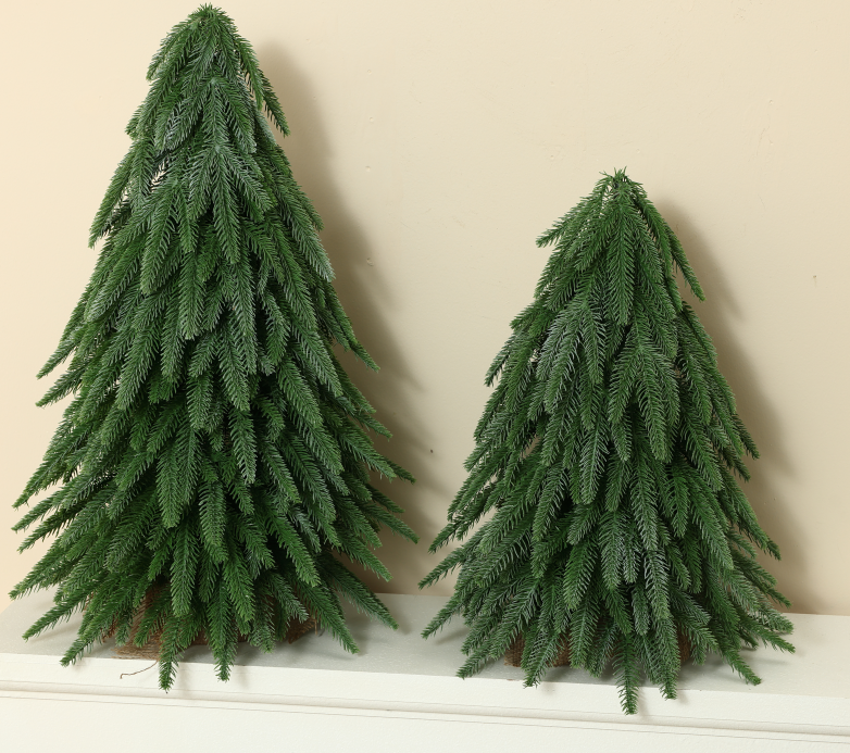 Set of 2 Artificial Drooping Cedar Pine Trees, Unlit Realistic Evergreen Tabletop Trees with Burlap Bases, Mantel Shelf Christmas & Year-Round Home Decor