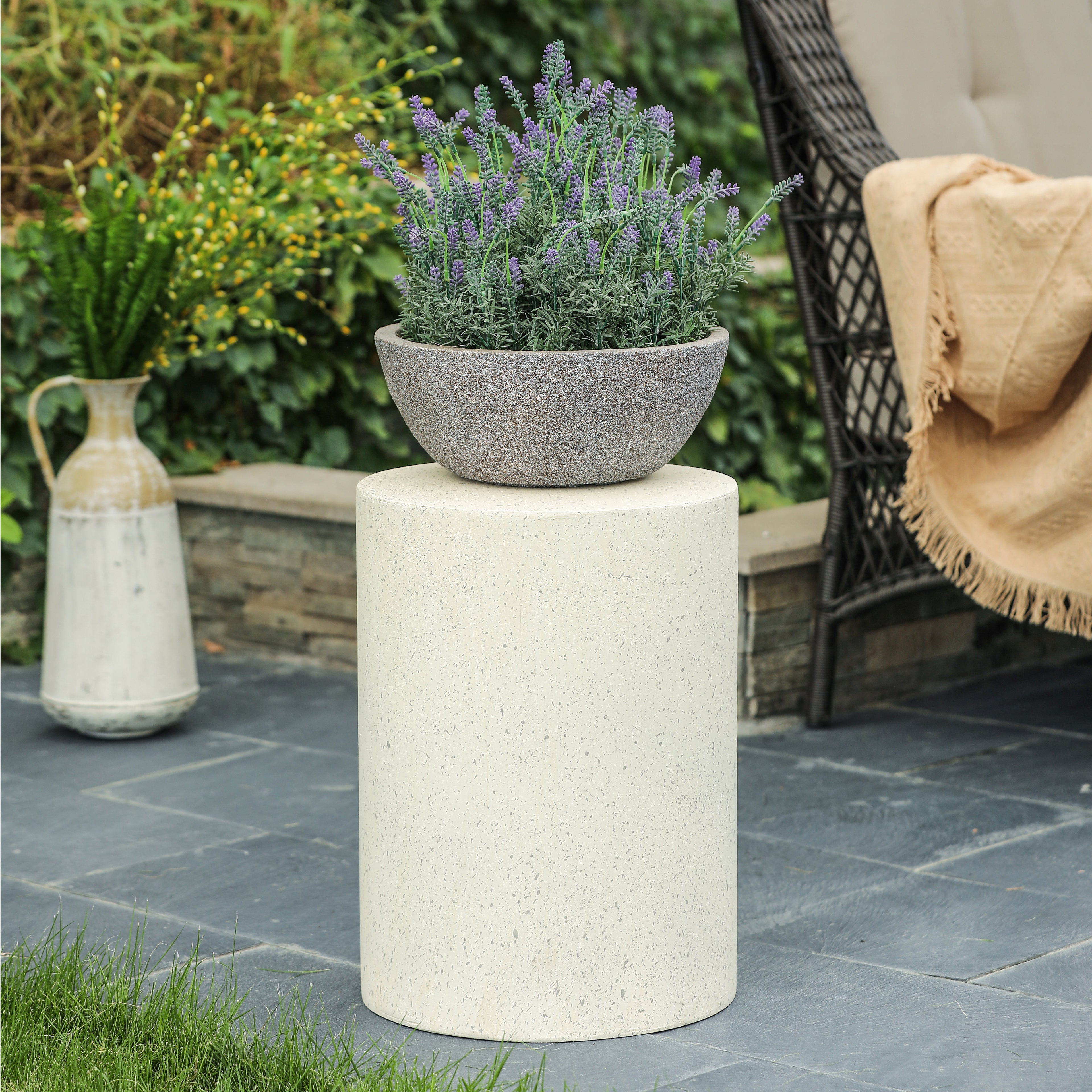 Off White with Speckled Gray Cement Round Indoor Outdoor Side and End Table