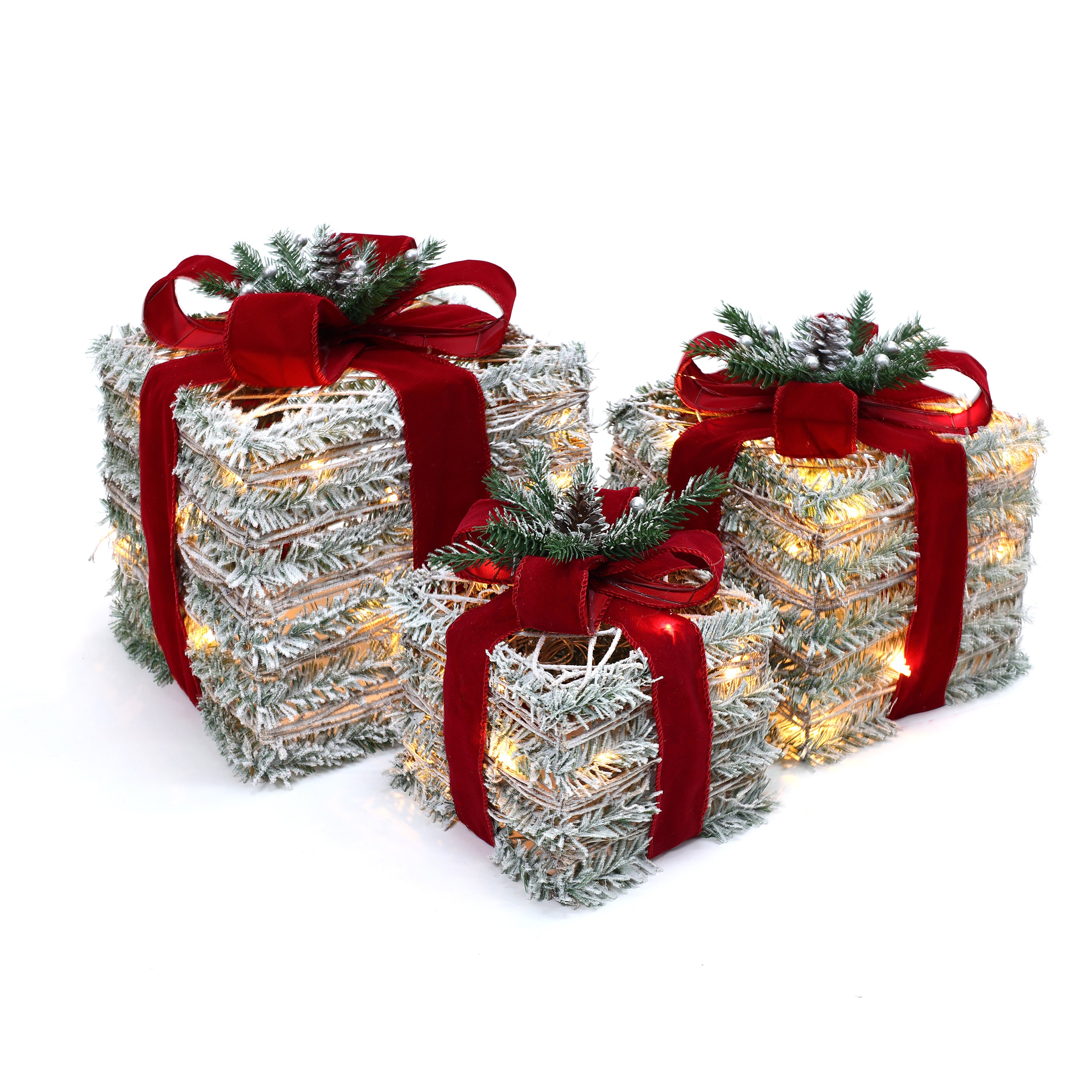 3-Piece Frosted Faux Cedar Branch Giftbox Holiday Decoration Set with Lights