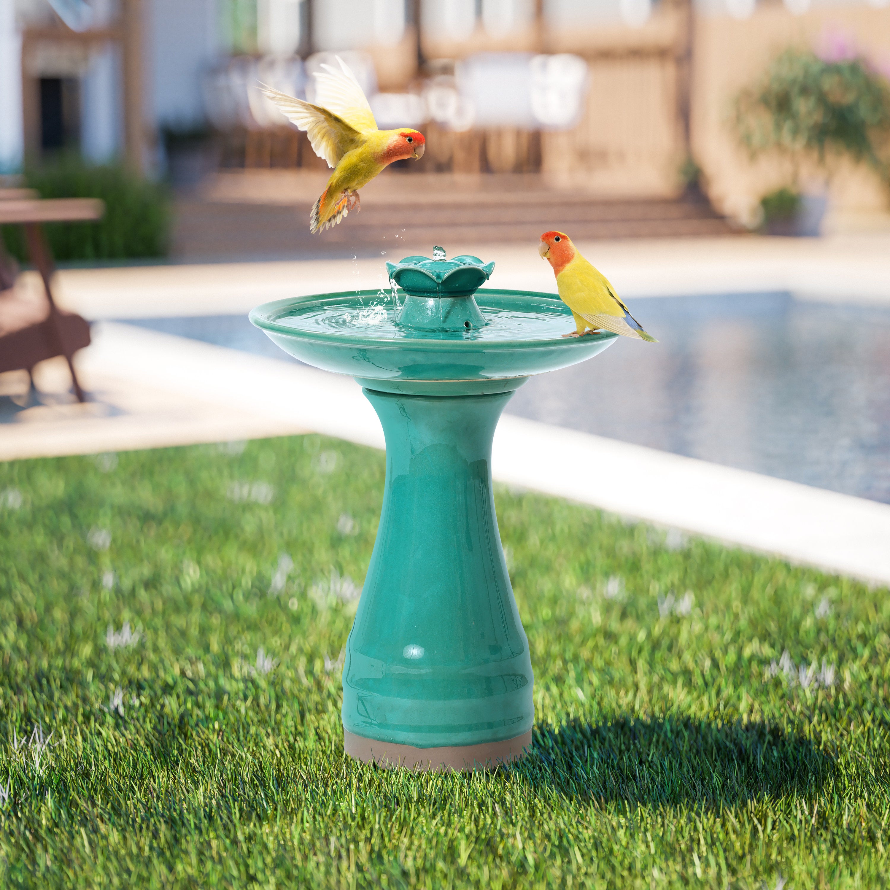 Aqua Glazed Ceramic 22-In Tall Birdbath Fountain