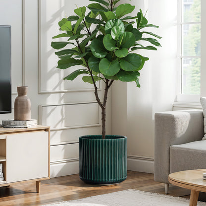 Grove Round Fluted Ceramic Planter, Jade Green, 14"
