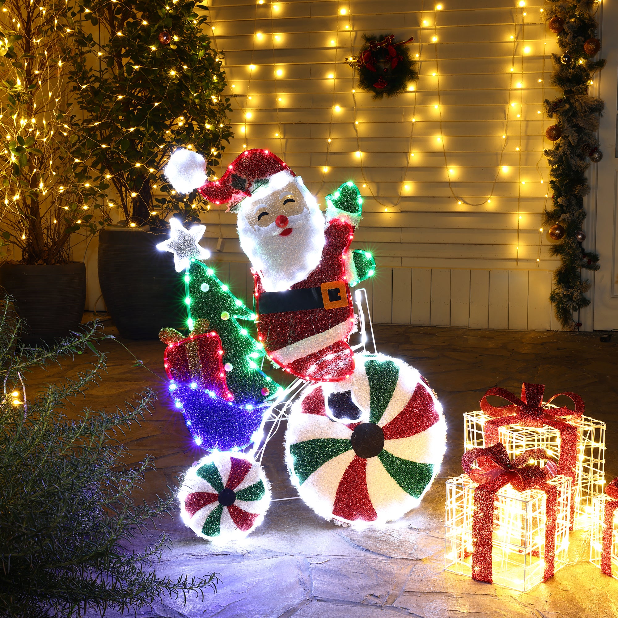 3D Illuminated Santa Claus Decoration Light – LED Lit Holiday Sculpture with Candy Cane, Christmas Tree & Gift Box Elements for Indoor & Outdoor Use