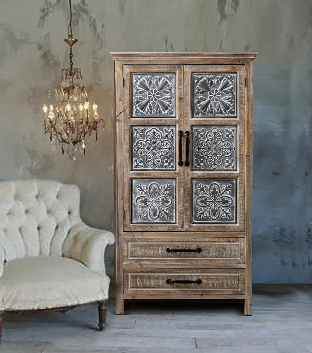 Farmhouse Wood and Metal 2-Drawer 2-Door Storage Cabinet