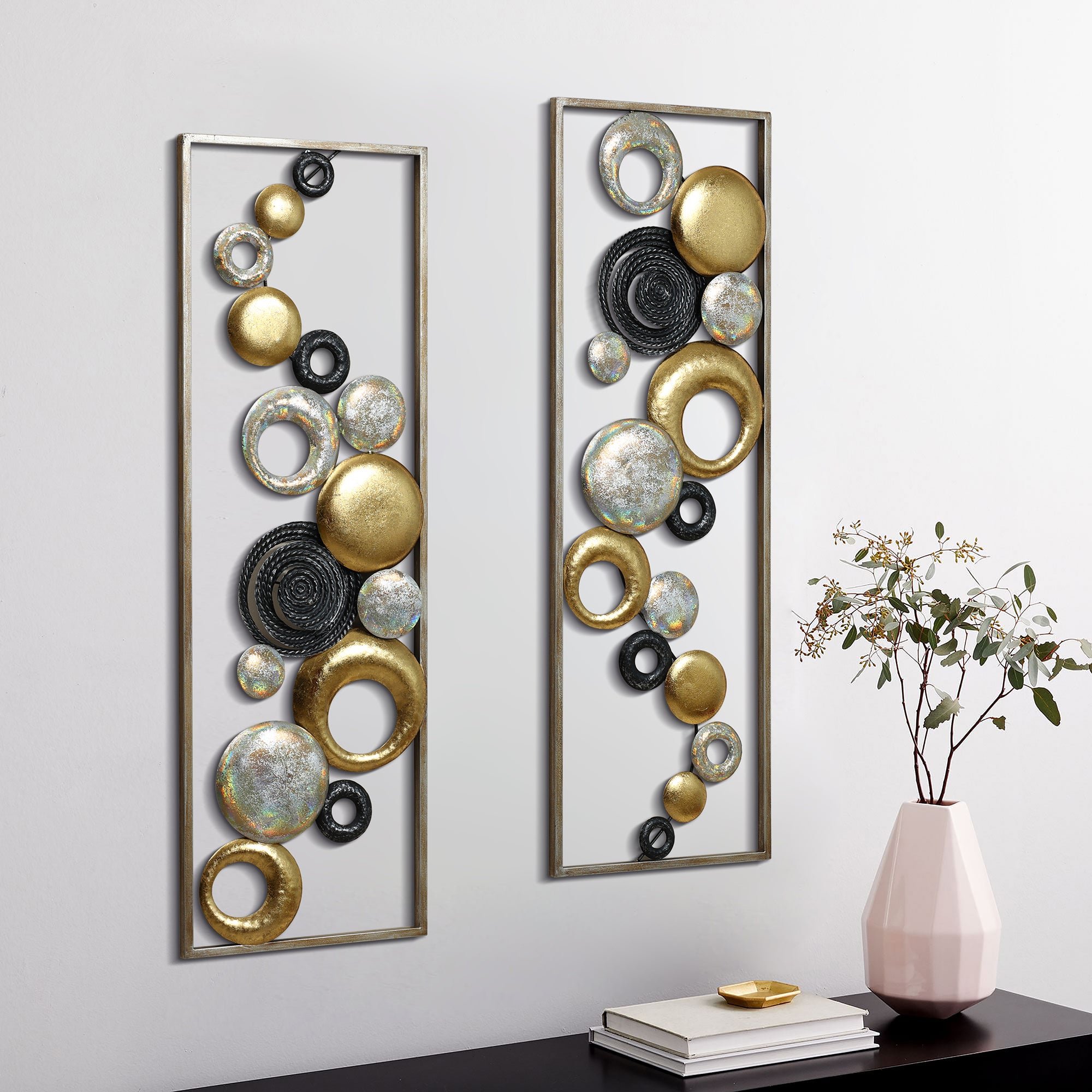 Modern Abstract Iron Wall Art – Geometric Metal Panels with Dynamic Circular Elements
