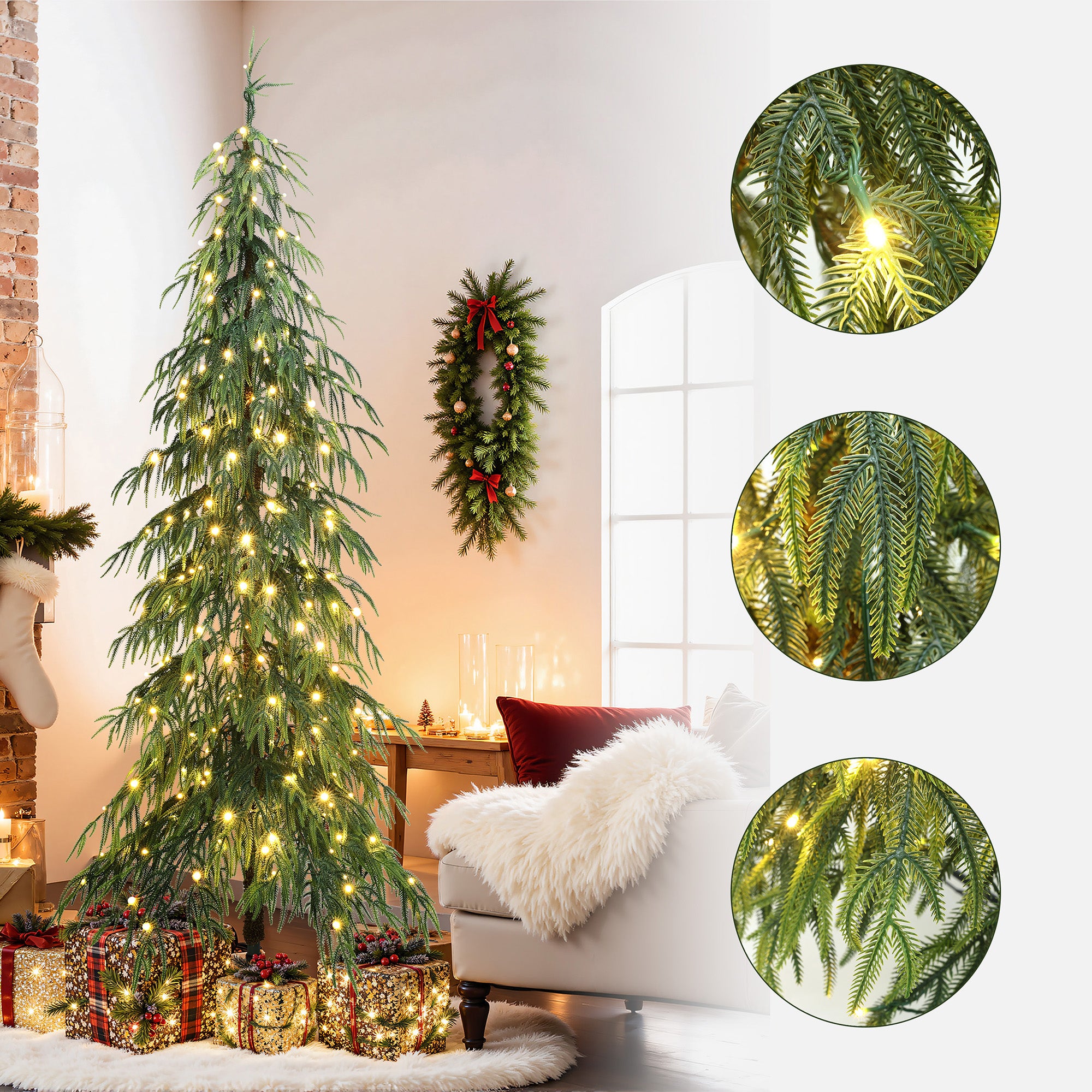 7.5Ft Pre-Lit Slim Artificial Cedar Christmas Tree with Metal Stand