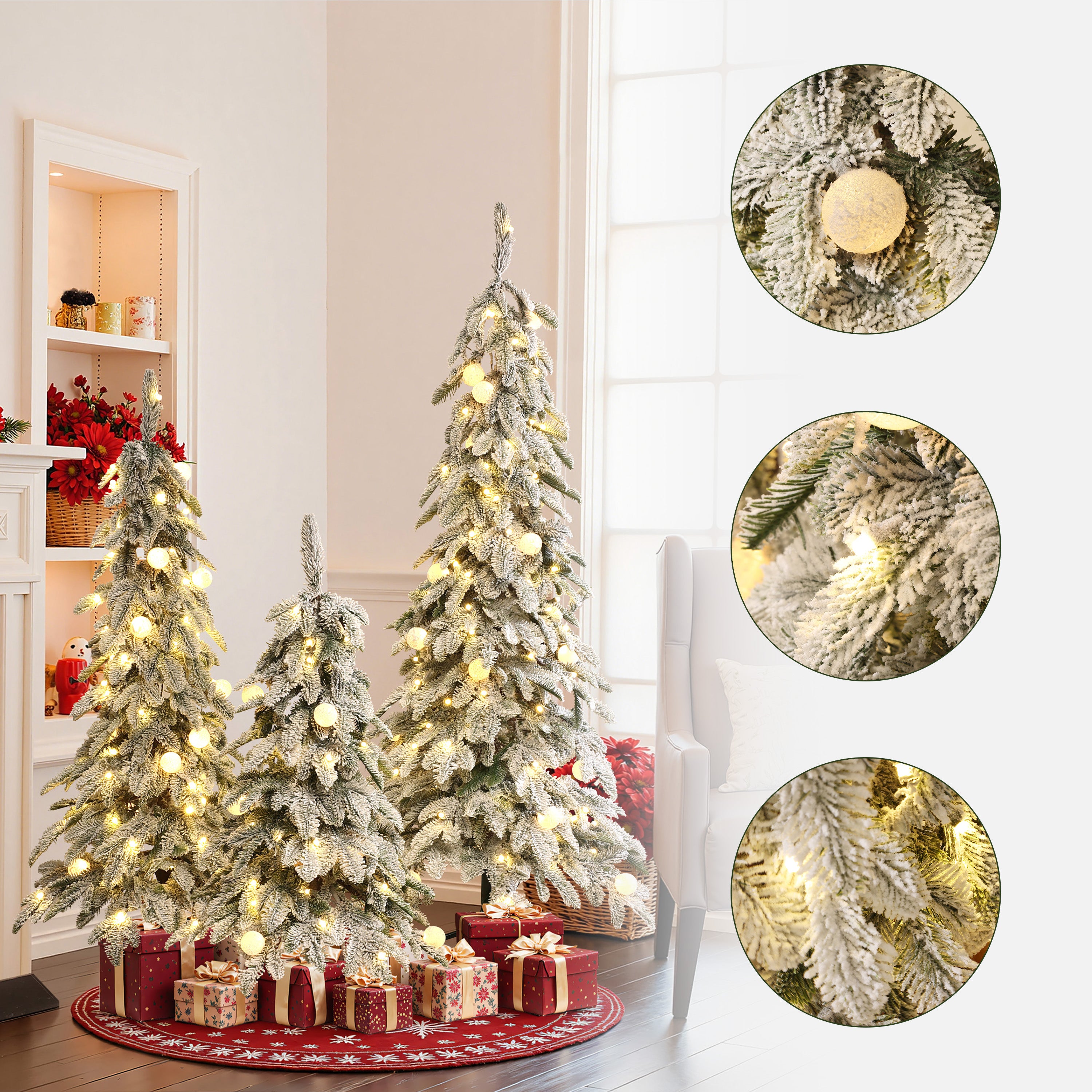 3-Piece Flocked Artificial Tree Set with Lights and Metal Stand