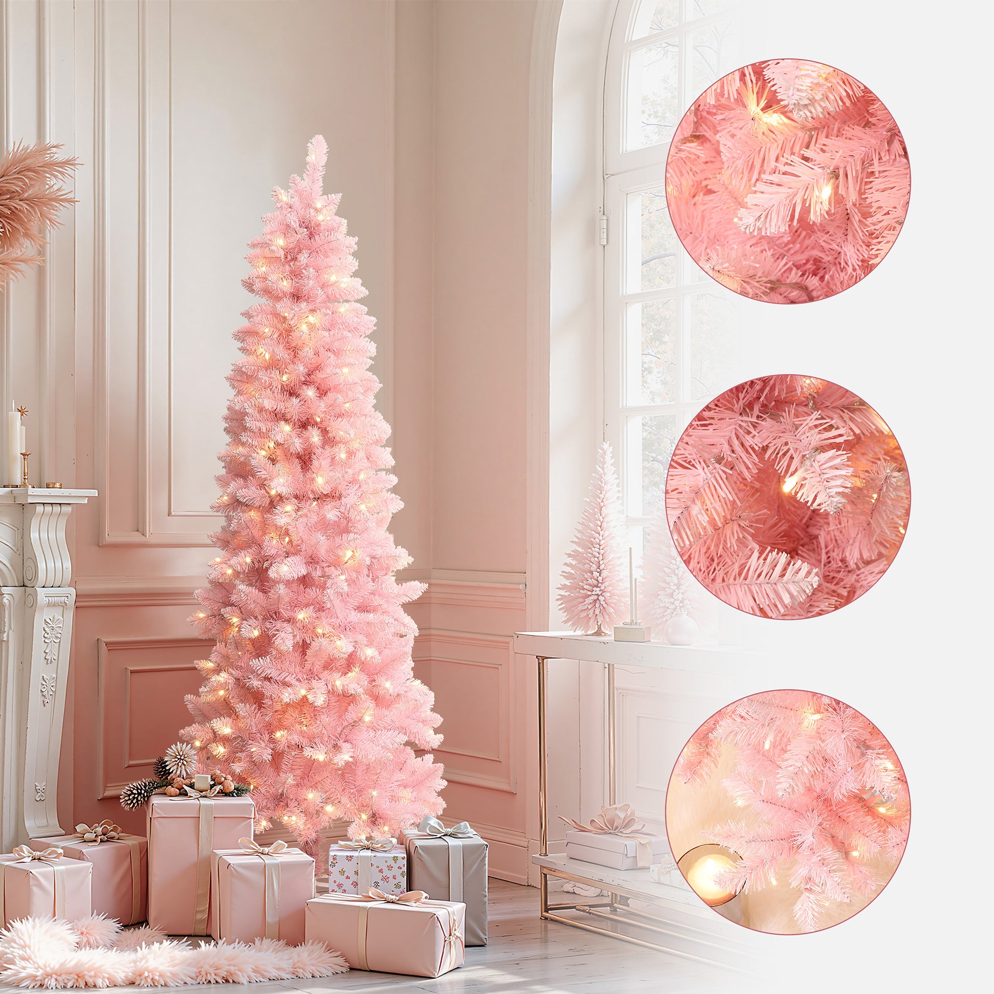 6Ft Pink Pencil Artificial Tree with Warm White Lights and 8 Light Functions