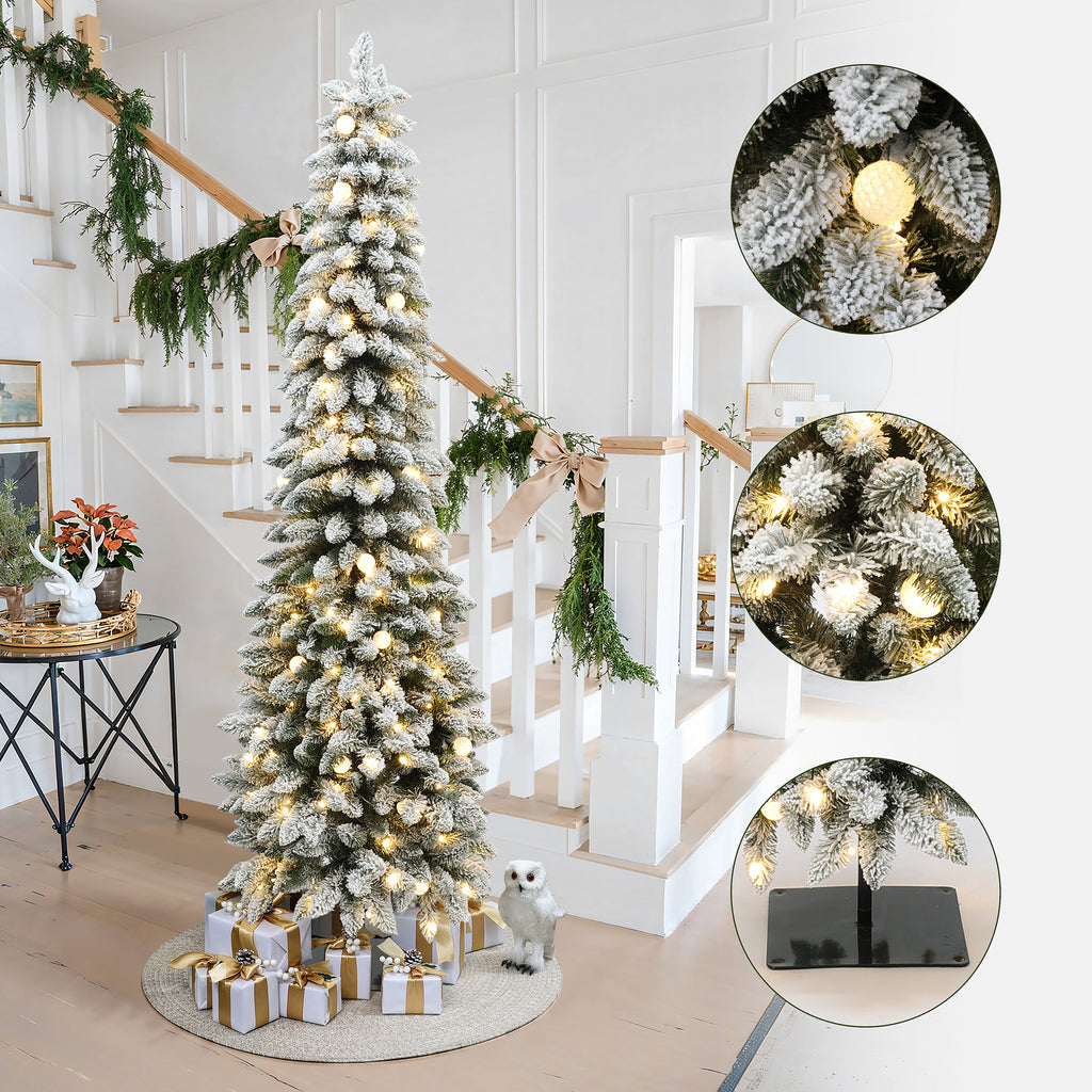 7Ft Pre-Lit Flocked Pencil Artificial Christmas Tree with Metal Base