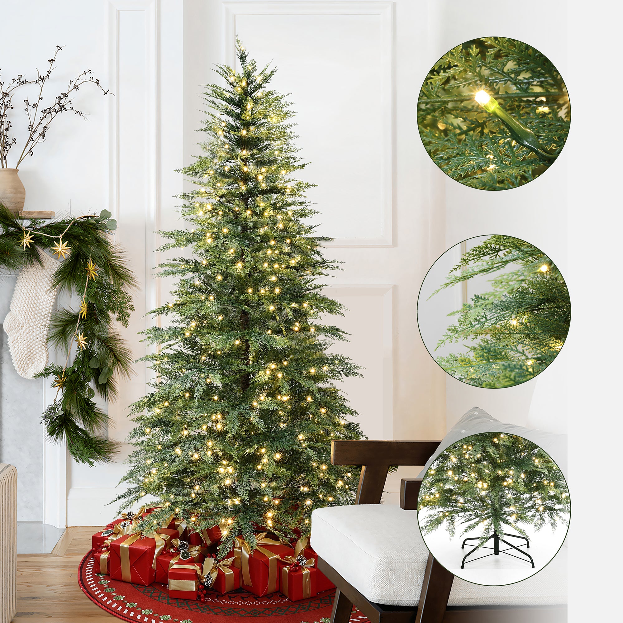 6.5Ft Pre-Lit Green Cypress Artificial Christmas Tree with Metal Stand