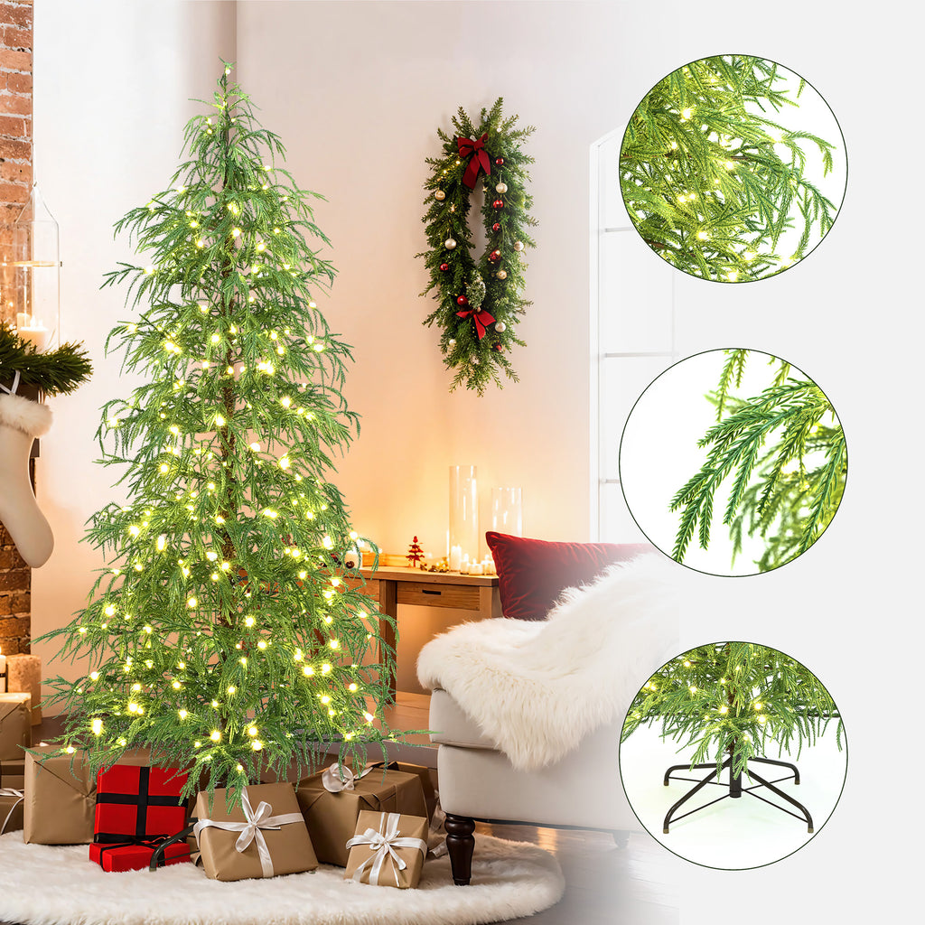 6Ft Pre-Lit Green Slender Artificial Cedar Christmas Tree with Metal Stand